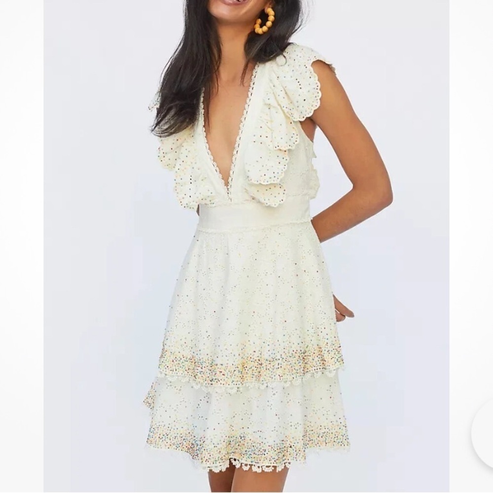 Farm Rio Anthropologie Eyelet Patch Beaded Mini Dress Small Bohemian Lace